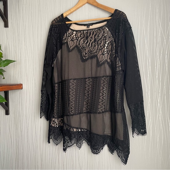 Lane Bryant Black 3/4 Sleeve Scoop Neck Lace Crochet Lined Overlay Blouse - Picture 2 of 10